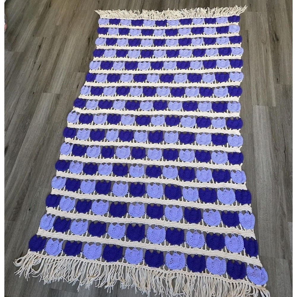 Vintage Handmade Crochet Purple & Cream Tulip Tulips Afghan Throw Blanket 85x45